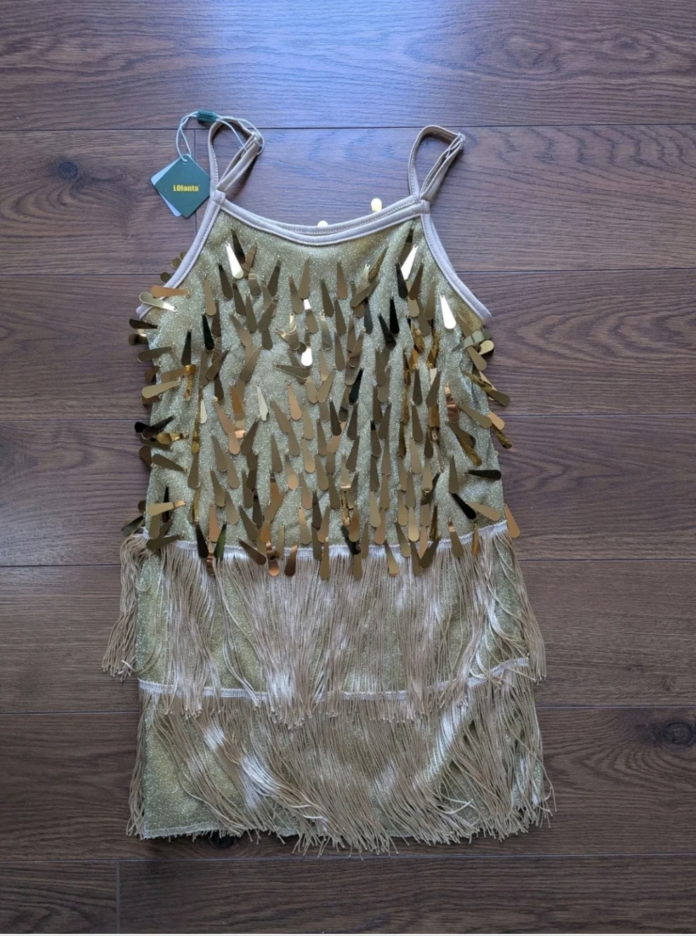 Lolanta 2 Piece Latin Dance Costume Gold Childs Size 130 & 160 Sequin Fringe NWT